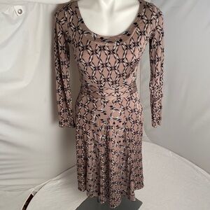 Issa London taupe geometric bird print silk fit and flare dress